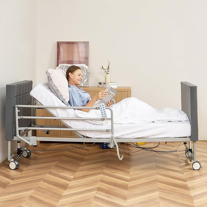 Hospital Bed with 5 Electric Functions, Ultra Low Electric Medical Bed with Movable Dining Table & 6" Foam Mattress, Adjustable Height 8”-23.4”, 530 lbs Capacity