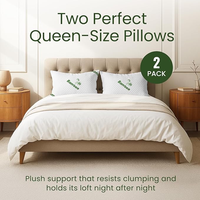 Memory Foam Pillows Queen Size Set of 2 - Cooling Bed Pillows for Sleeping - Back, Stomach, Side Sleeper Soft, Comfy Cool Shredded - 2 Pack, Rayon Derived from Bamboo