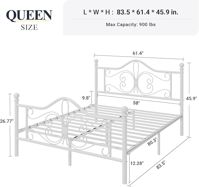 Allewie Queen Size Bed Frame with Headboard,Metal Bed Frame with Butterfly Pattern Design Headboard & Footboard,No Box Spring Needed,Easy Assembly,White