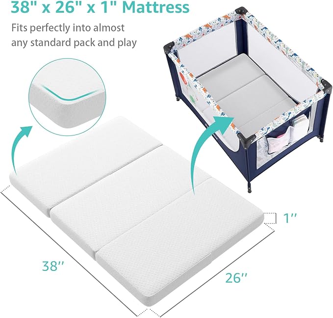 YENING Trifold Pack and Play Mattress Pad Foldable 38x26 Waterproof Baby Mattress for Pack N Play Matress Topper Breathable White