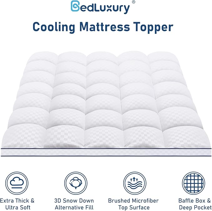 King Mattress Topper Extra Thick Pillowtop Cooling Mattress Topper Plush Mattress Pad Cover Protector with 8-21 Inch Deep Pocket 3D Snow Down Alternative Fill White