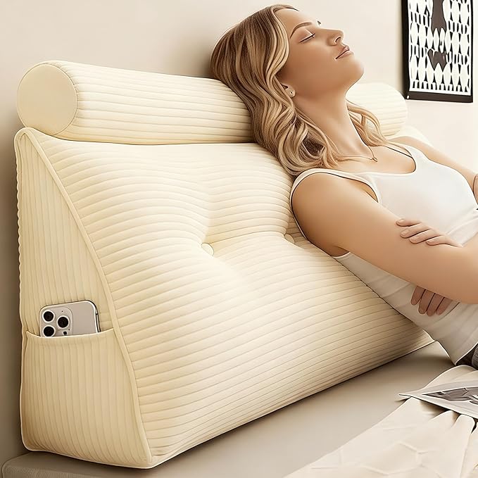 Headboard Pillow Twin, Large Triangular Wedge Cushion with Neck Roll Pillow for Reading Sitting Working, Backrest Positioning Support Bodypillow with Removable Washable Cover for Bed Dorm Sofa