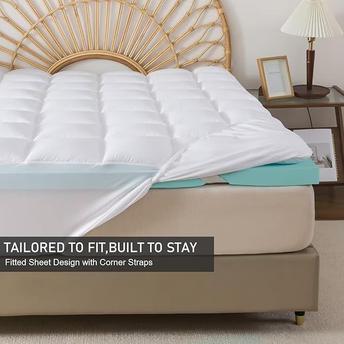 Memory Foam Mattress Topper 2inch+2inch Queen Size, Pressure-Relieving Bed Topper with Secure Strap Design for Back Pain, Soft and Supportive, Shredded Memory Foam