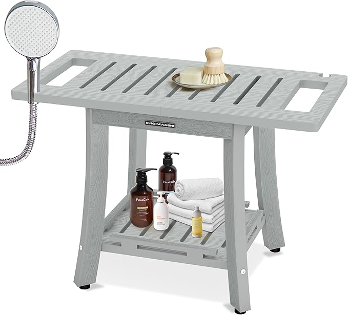 KingPavonini HDPS Shower Benches for Inside Shower to Sit on, Waterproof Shower Stool for Shaving Legs, Heavy Duty 450LBS Shower Seat with Storage Shelf, Shower Chair for Bathroom/Indoor/Outdoor Use