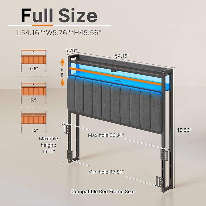 Rolanstar Headboard for Full Size Bed with Storage, Head Board with USB & Type C Port, 60,000 DIY Color of LED Light, Upholstered, Height Adjustable, Sturdy, Easy Assembly, Linen