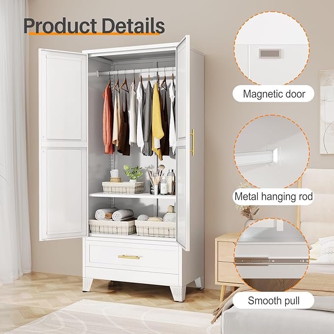 Metal Armoire Wardrobe Closet with Hanging Rod, Clothing Storage Cabinet with Adjustable Shelf and Drawer for Laundry Room, Bedroom, Home Office, Bathroom, 71" White Large Capacit