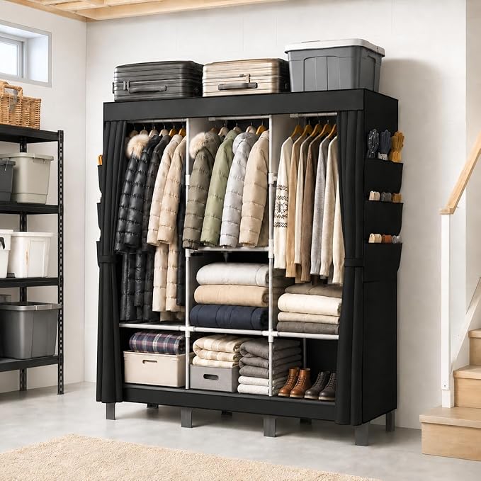 Portable Closet Wardrobe Closet for Hanging Clothes with 3 Hanging Rods for Bedroom, Non-Woven Fabric Clothes Closet for Living Room Easy Assemble (Black, 3 Columns, 51.2 inch Width)