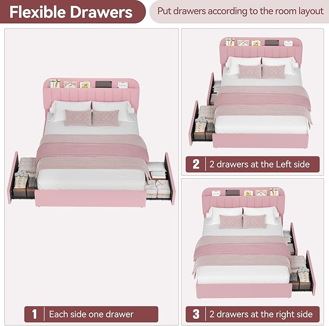 IDEALHOUSE Queen Bed Frame with 2 Flexible Drawers and Bookcase Headboard, Boucle Upholstered Platform Bed for Boys/Girls, Noise-Free, Easy Assembly, No Box Spring Needed, Pink