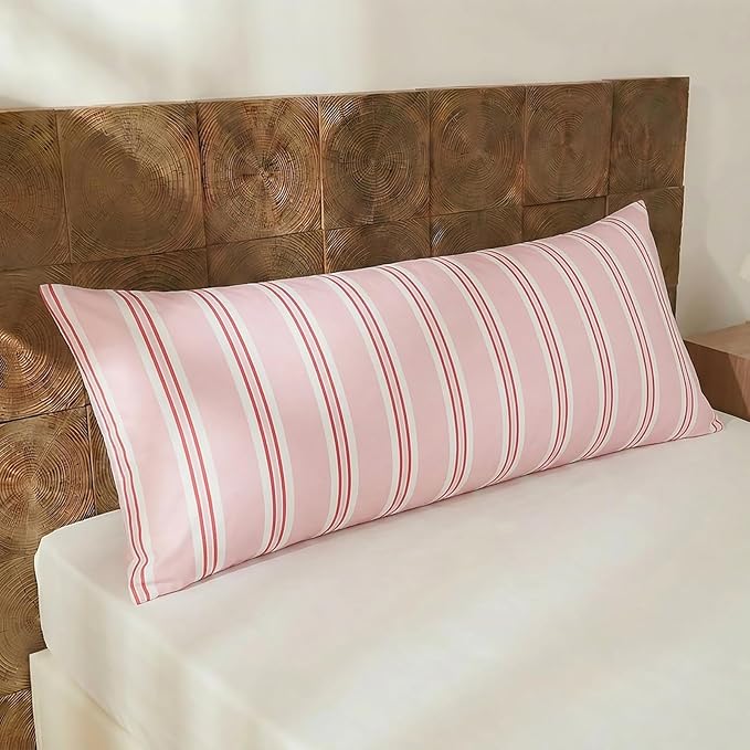 Merryword Body Pillow Cover 20x54inches, 100% Cotton Pillow Case, Pink Striped Pillowcase, Soft Breathable Ribbon Stripes Long Pillowcase, 1-Piece
