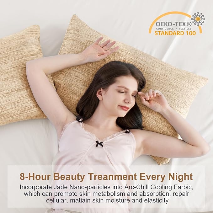 Elegear Cooling Pillow Cases for Hot Sleepers, Japanese Q-Max 0.5 Cooling Pillowcases, Both Sides(Cooling/Cotton), Breathable Soft Pillowcase for Hair and Skin, Set of 2-Beige (Queen (20'' x 30''))