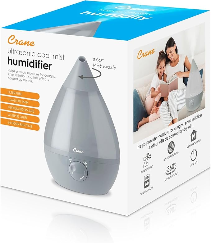 Crane Ultrasonic Cool Mist Humidifier for Bedroom, Baby Nursery, Kids Room, Plants, or Office, Large 1 Gallon Tank, Filter Optional, Grey