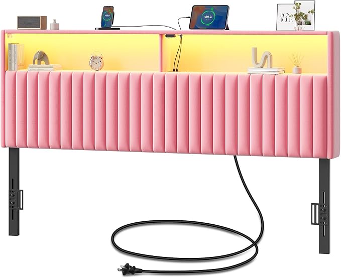 Rolanstar Headboard for King Size Bed with Storage, Head Board with USB & Type C Port, 60,000 DIY Color of LED Light, Velvet Upholstered, Height Adjustable, Sturdy, Easy Assembly, Pink