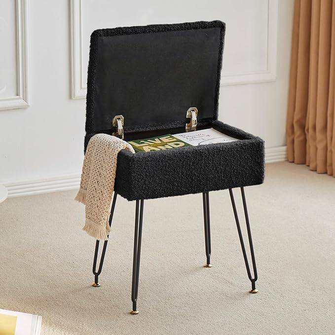 Vanity Stool Chair, Faux Teddy Fur Ottoman Foot Stool with Metal Legs & Adjustable Black Feet, Flip Top Storage Makeup Stool with Soft Padded Seat, Foot Rest for Makeup Room Bedroom, Black