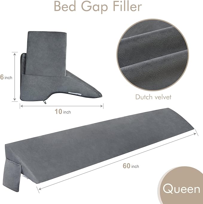 Vekkia Queen Bed Wedge Pillow for Headboard Gap Filler(0-5"),High-Density Foam,Prevents Pillows & Items from Falling,Ergonomic Design,Large Storage Pockets, Removable&Washable Cover,Gray,60''x10''x6''