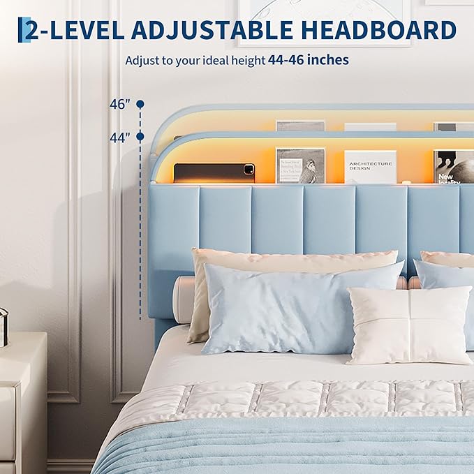 Garvee Full Size Bed Frame with 2 Flexible Drawers, Upholstered Platform Bed Frame with Bookcase Headboard and LED Lights, Kids Bed for Boys, Easy Assembly, Noise Free, Blue