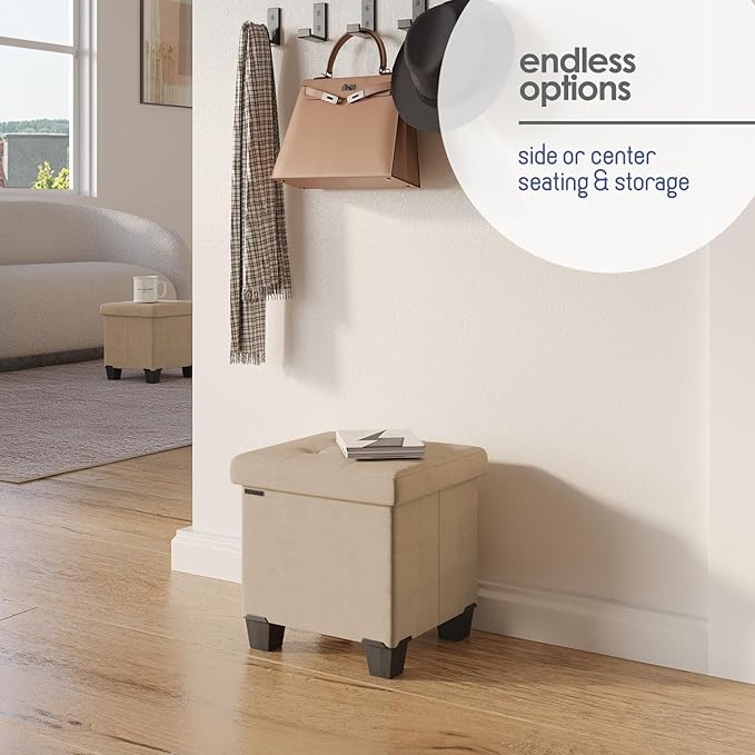 Storage Ottoman Cube with Small Bin, 15-in Square Ottoman with Storage for Living Room and Bedroom, Small Ottomans Foot Rest, Velvet Foot Stools Ottomans Max 330lbs, Taupe