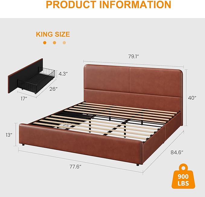 GarveeHome Modern Upholstered Platform Bed Frame with Headboard and Storage Drawers – PU Brown Faux Leather, Sturdy Wood Slats, Noise-Free, No Box Spring Needed, Easy Assembly – King Size, PU Brown