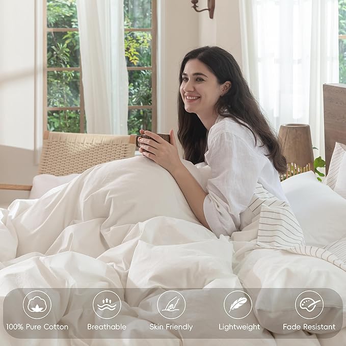 MooMee Bedding Duvet Cover Set 100% Washed Cotton Linen Like Textured Breathable Durable Soft Comfy (Solid Off White, Super King 108"x98")