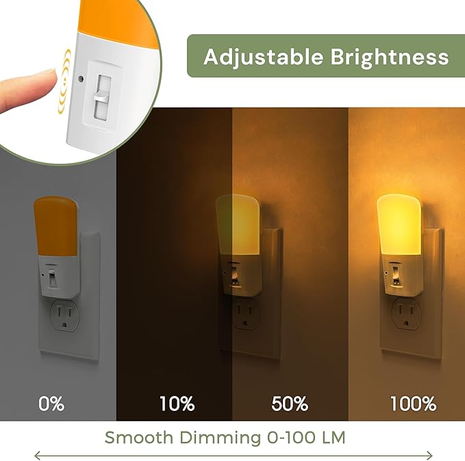 LOHAS-LED Amber Night Light, Dimmable Plug in Night Light with Light Sensor, Yellow Kids Nightlights, 5-80LM Sleep Light for Nursery, Bedroom, Bathroom, Hallway, Stairway, 2Pack