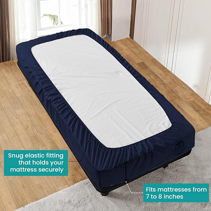 Cot Fitted Sheet 31 x 75 Inches 8" Deep Pocket 100% Egyptian Cotton 600 Thread Count Snug Fit for Trifold Mattress, Narrow Twin, Camp Bunk, Guest Bed, Army Cot Soft & Breathable – Navy Blue