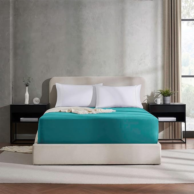 Nestl Teal California King Fitted Sheet Extra Deep Pocket, Hotel Luxury Cal King Fitted Sheet Only Easily Fits 18 to 24 Inch Mattress, Super Soft, Wrinkle-Free, and Breathable with Corner Straps