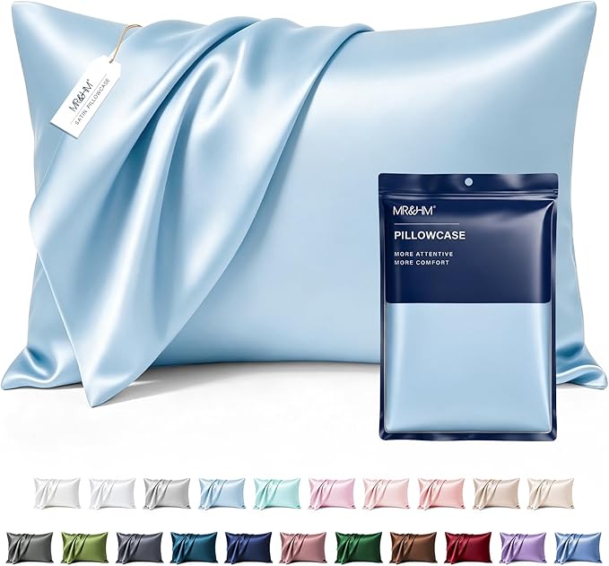 MR&HM Satin Pillowcase for Hair and Skin, Silk Satin Pillowcase 2 Pack, King Size Pillow Cases Set of 2, Silky Pillow Cover with Envelope Closure (20x36, Light Blue)