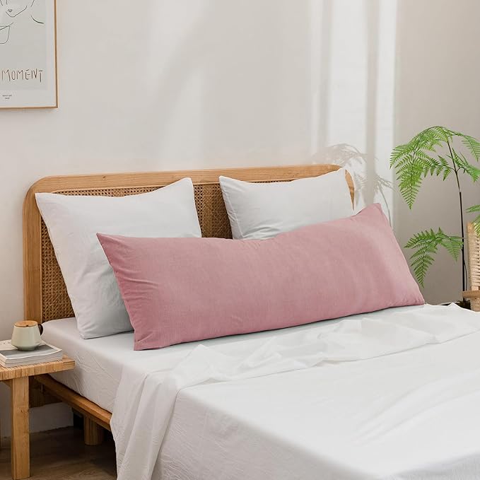 BESTOUCH 100% Washed Cotton Pillowcase for Hair and Skin Linen Feel Soft Comfortable Breathable 1 Pcs Pillow Case with Envelope Closure Solid Red Pink Body 20x54 Inches