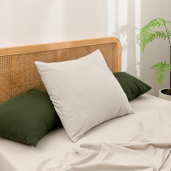 BESTOUCH 100% Washed Cotton Pillowcase for Hair and Skin Linen Feel Soft Comfortable Breathable 2 Set Pillow Case with Envelope Closure Solid Olive Green Standard 20x26 Inches