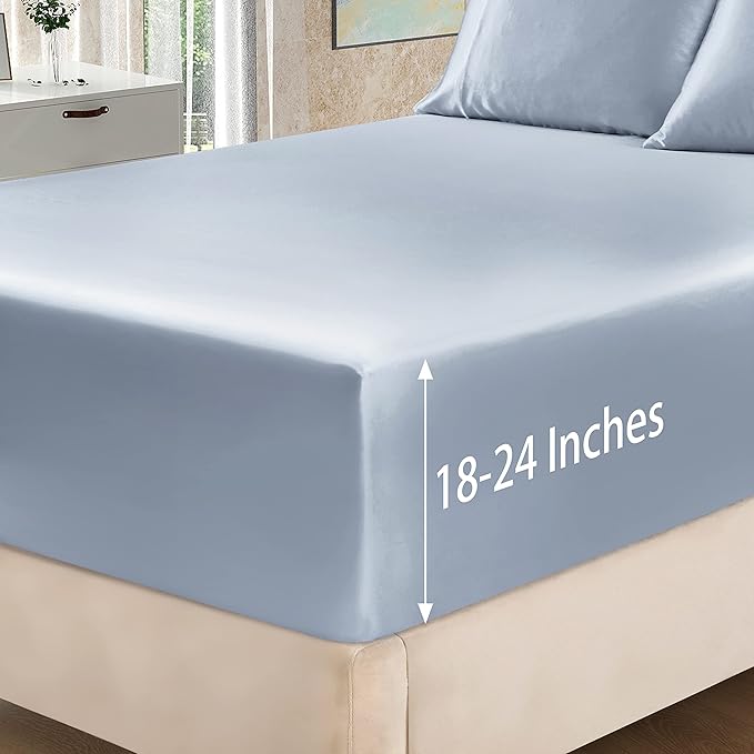 Homiest 4pcs Extra Deep Pocket King Size Bed Sheets, 18-24 Inch Deep Pocket, Baby Blue Satin Sheet Set, Luxury Fitted Sheet Set Fits Ultra Deep Mattress