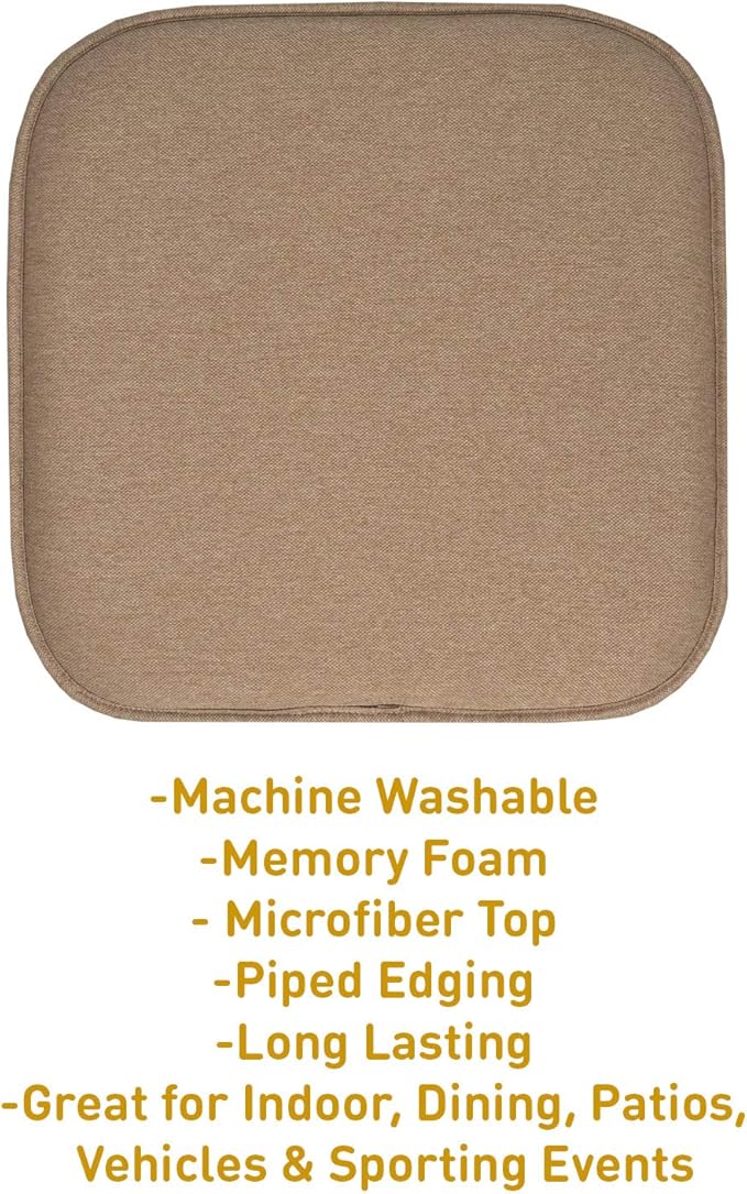 Sweet Home Collection Chair Cushion Memory Foam Pads Honeycomb Pattern Slip Non Skid Rubber Back Rounded Square 16" x 16" Seat Cover, 2 Pack, Charlotte Taupe
