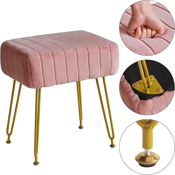 IBUYKE Velvet Rectangular Footrest Ottoman, Makeup Vanity Stool Side Table, Velvet Dressing Table Seat, Pouf Couch Stool, Golden Steel Legs, Pink LG-51P
