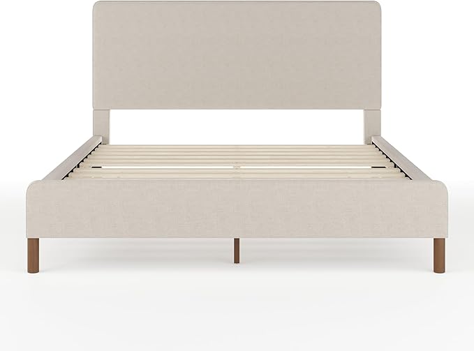 Martha Stewart Britta Platform Bed with Headboard & Footboard, Faux Linen Upholstery with Piping Detail, Rounded Headboard, No Box Spring Needed, Queen, Beige
