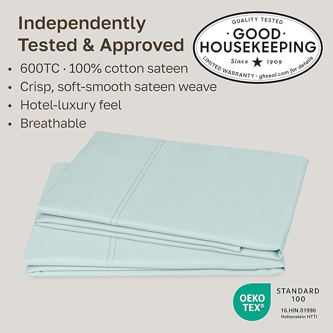 California Design Den Standard Pillows Cases Set of 2 - Premium 600 Thread Count, 100% Cotton Queen Pillow Case Pair, Breathable Sateen, Fits Standard & Queen Pillows- Aqua