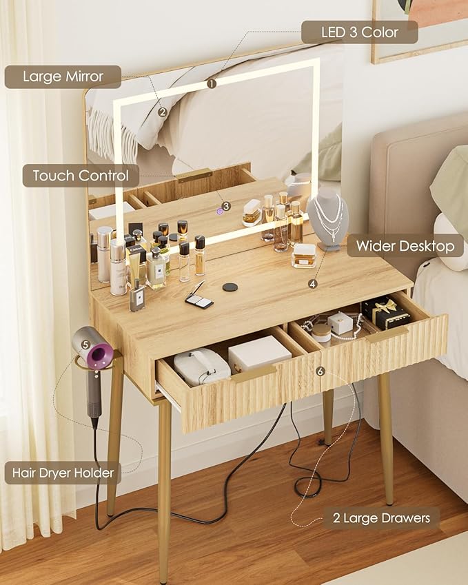 Vanity Desk with Large Mirror and Lights, Small Makeup Vanity Table with 2 Drawers, Dressing Table with 3 Adjustable Lighting Color, Small Makeup Desk for Bedroom, Natural with Gold Leg