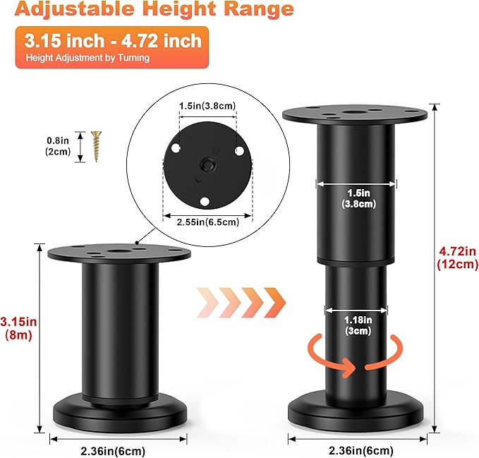 Wlrrcwdttc 4 Pcs Metal Adjustable Furniture Legs 3.15-4.72 inch, Adjustable Cabinet Legs for Sofa/Bed/Chair/Couch/Dresser/Table,Heavy Duty Bed Replacement Support Legs for Bed Frame/Bed Center Slat