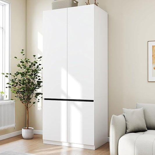 White Armoire Wardrobe Closet: 74" Large Wardrobe Closet with 2 Doors, Wood Closets Cabinet for Hanging Clothes, Freestanding Bedroom Armoires (31.5 in-2 Doors)
