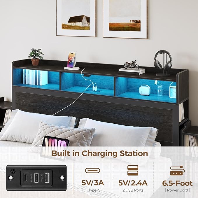 Rolanstar Bed Frame Queen Size with Bookcase Storage Headboard, Slide Out Bedside Storage, Bed with Charging Station & LED Lights, Heavy Duty Metal Slats, No Box Spring Needed, Noise Free, Black