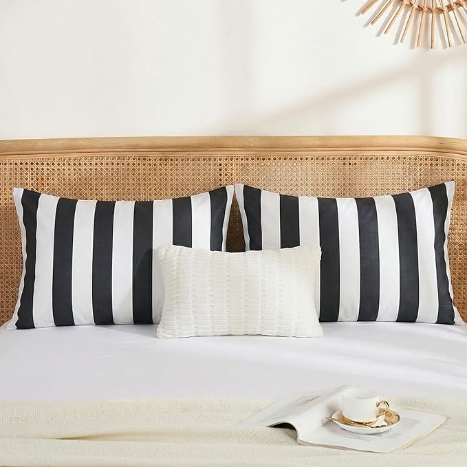 Merryword King Size Pillowcases, 100% Cotton Pillow Cases, Black and White Striped Pillowcases, Soft Breathable Wide Stripes Pillow Covers, Set of 2