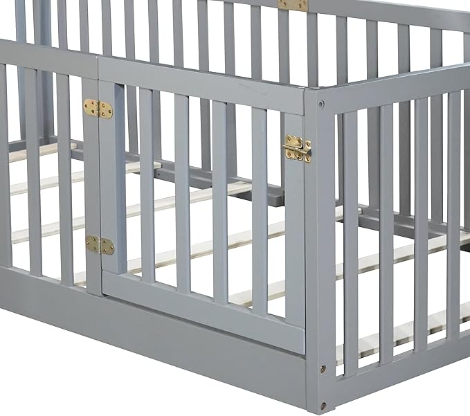 Bellemave Twin Size Montessori Floor Bed with 21.5" High Rails, Rubber Wood Twin Floor Bed with Slats and Door, Gray