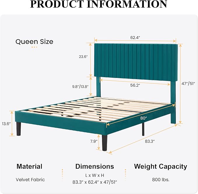 SHA CERLIN Queen Upholstered Platform Bed Frame with Vertical Channel Tufted Velvet Fabric Adjustable Headboard, Wooden Slats Support, Mattress Foundation, Box Spring Optional, Teal