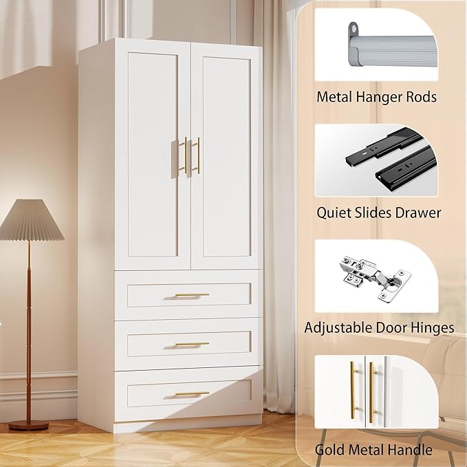 White Wardrobe with 2 Doors: 75" Tall Armoire Wardrobe Closet with 3 Drawers, Bedroom Armoires for Hanging Clothes, Wooden Closet Storage Cabinet with Shelves (Modern, 1)