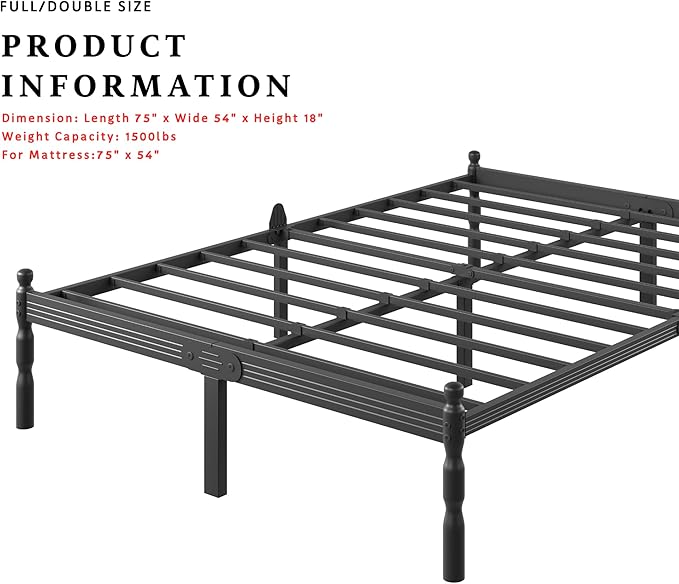 ZIYOO 18 inch Full Bed Frames with Mattress Slide Stopper, Vintage Style, 1500LBS Heavy Duty Steel Slats, Prevent Mattress from Sliding, No Box Spring Needed, Platform Noise-Free