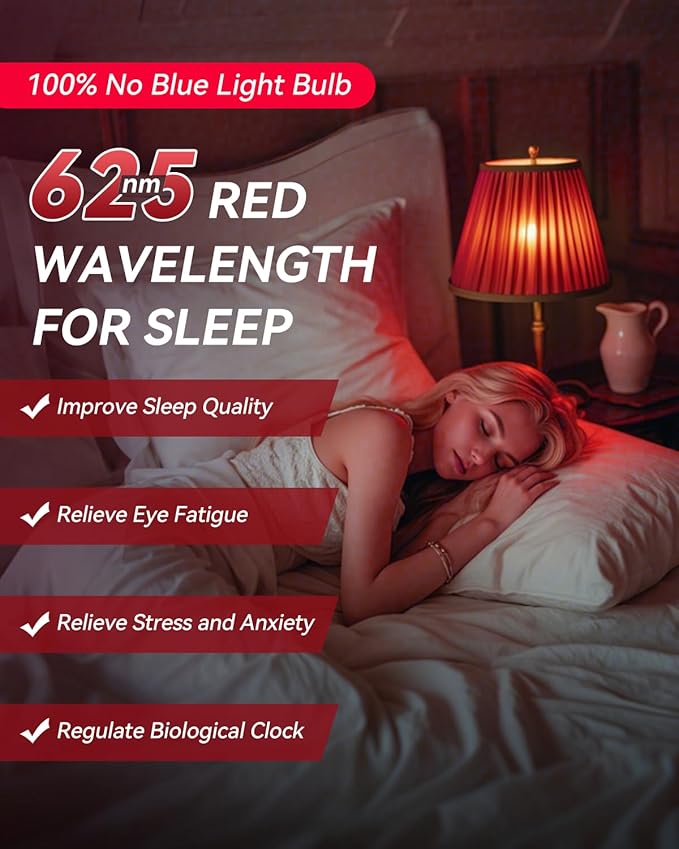 Neporal 625nm Red Light Bulbs for Sleep 9W, 100% Blue Light Blocking Red Night Light, Sleep Light Bulb for Melatonin Promoting, A19 60W Equivalent Dim Light Bulbs for Bedroom, Baby Nursery,4 Packs