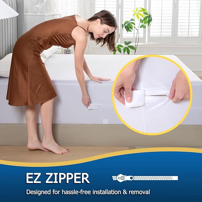 Queen Waterproof Zippered Mattress Encasement, Breathable, Noiseless, Machine-Washable Zipped Mattress Cover, Fitting 7" - 15" Deep Mattress