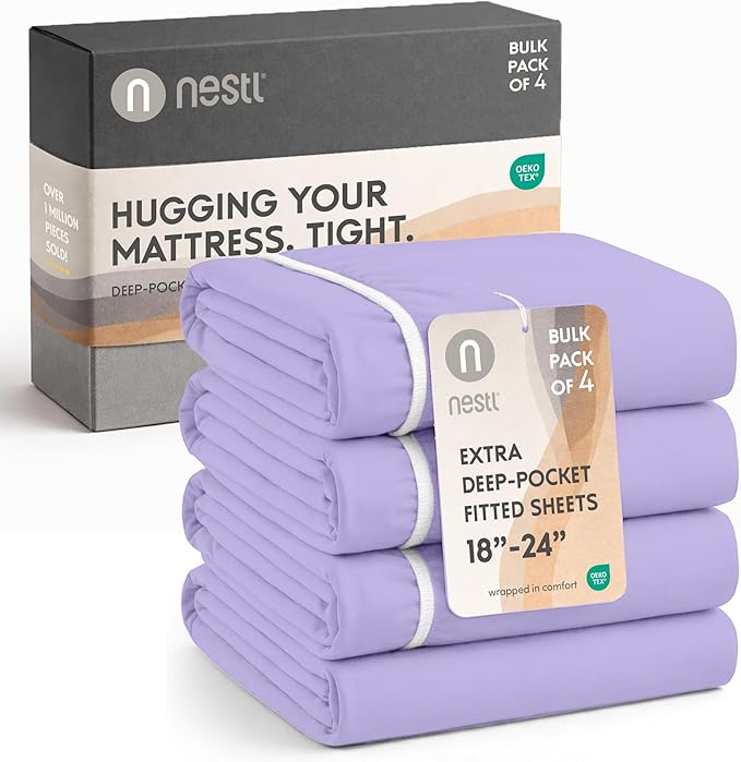 Nestl 4 Pack Lavender Fitted Sheet Extra Deep Pocket, Hotel Luxury QueenFitted Sheet Only Easily Fits 18 to 24 Inch Mattress, Super Soft, Wrinkle-Free and Breathable with Corner Straps