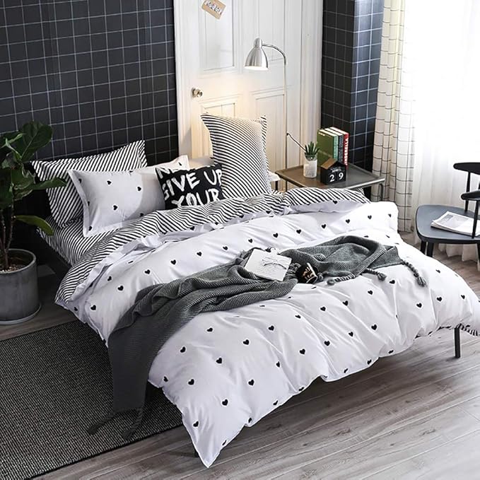 Omelas Kids Heart Love Twin Duvet Cover Set Black and White Teens Girls Lovely Heart-Shaped Pattern Striped Reversible Bedding Soft Breathable Quality Brushed Microfiber (3 Pcs,XD,T)