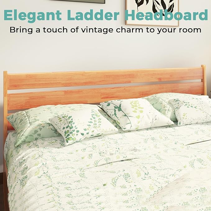Solid Wood King Size Bed Frame with Ladder Headboard, Malaysian Oak Platform Bed Frame, Modern Bedframe with Wooden Slats, No Box Spring Needed, Easy Assembly, King Size, Rustic Pine