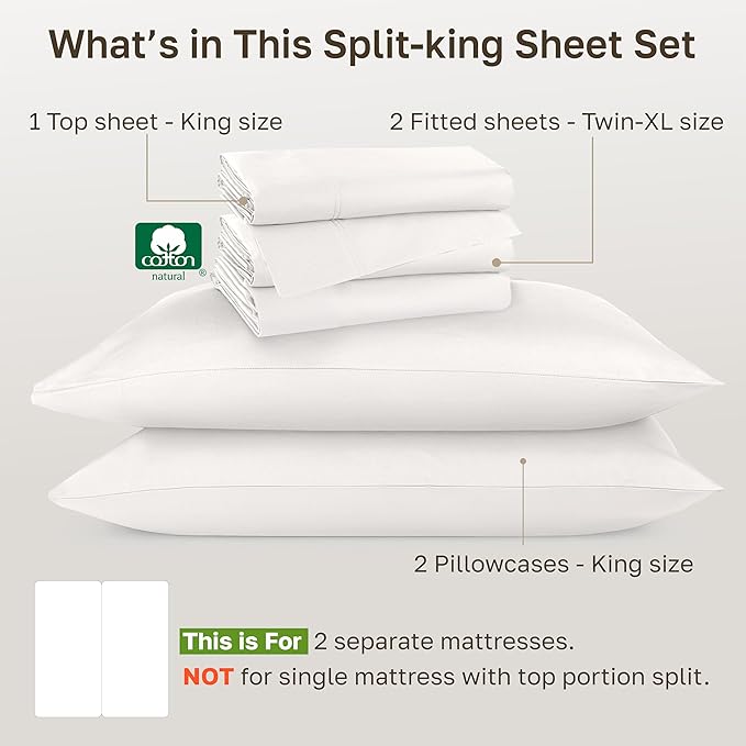 California Design Den Split King Sheets Sets for Adjustable Bed, Soft 800 Thread Count Sateen, 100% Cotton Set, Includes Twin XL Fitted Sheets - True Ivory