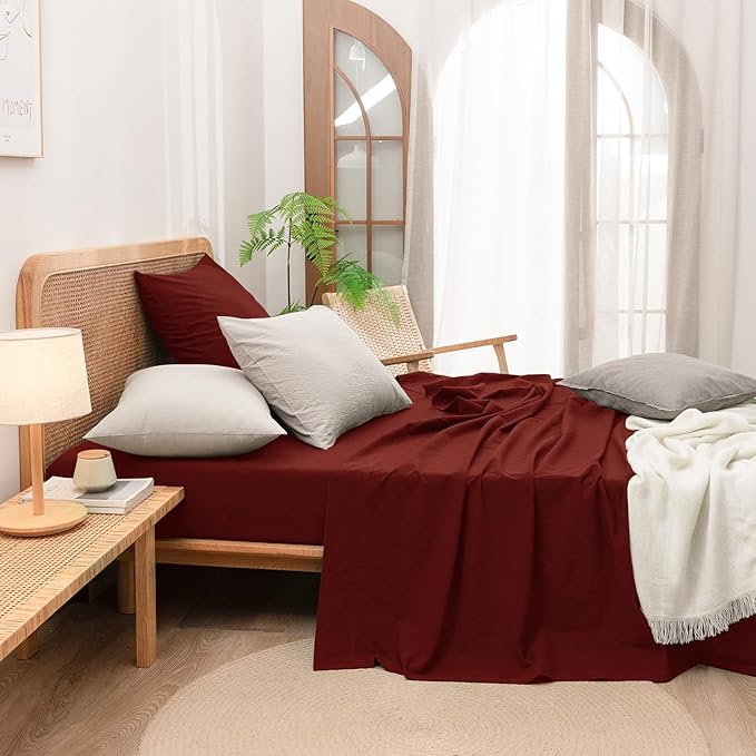 BESTOUCH 100% Washed Cotton Pillowcase for Hair and Skin Linen Feel Soft Comfortable Breathable 2 Set Pillow Case with Envelope Closure Solid Fired Brick Red Euro 26x26 Inches