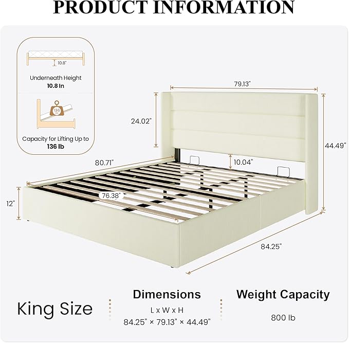 SHA CERLIN King Size Lift Up Storage Bed/Chenille Fabric Upholstered/Modern Wingback Headboard/Platform Bed Frame/Hydraulic Storage/No Box Spring Needed/Wood Slats Support/Cream